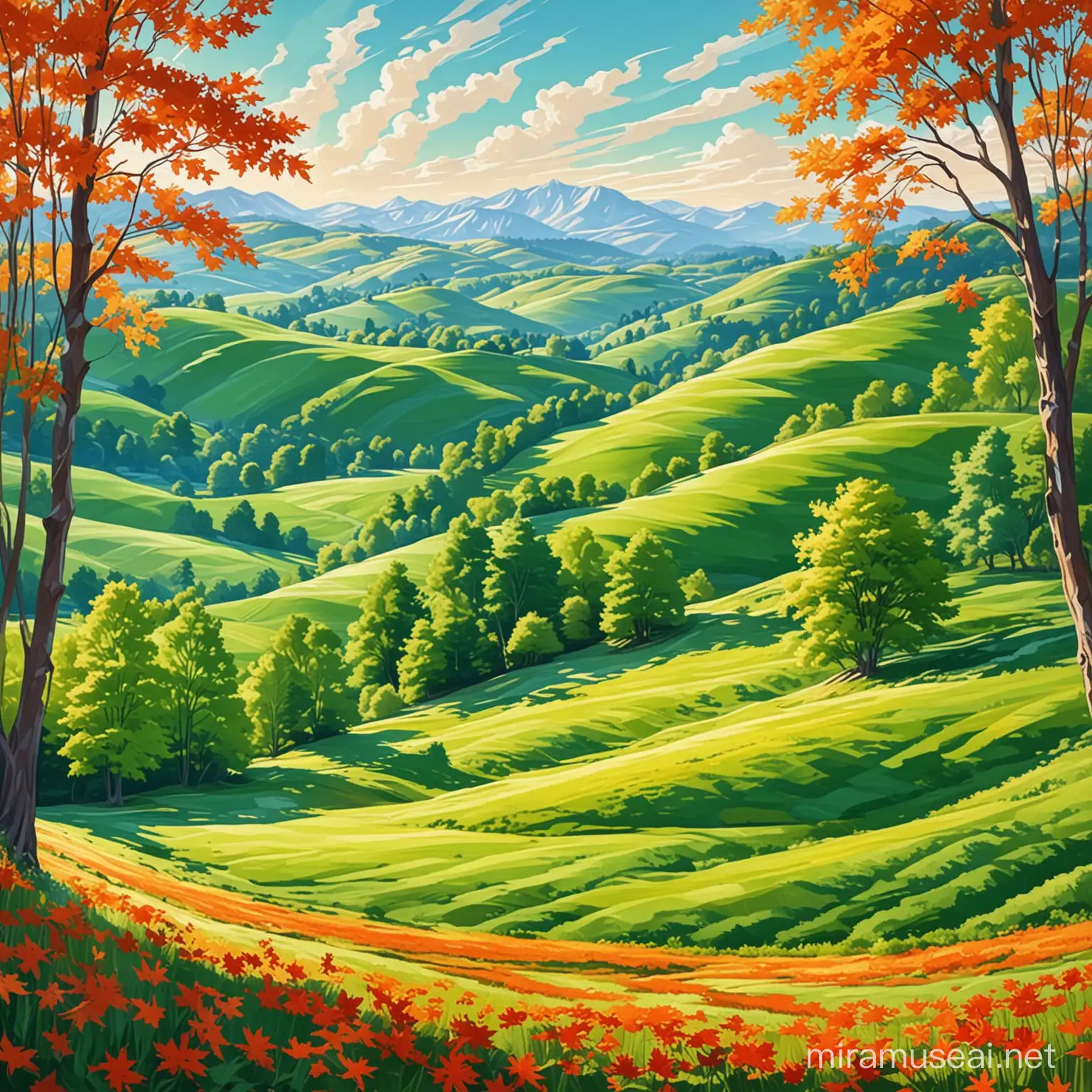 Vibrant Geometric Landscape Rolling Green Hills and Maple Trees on a Sunny Day