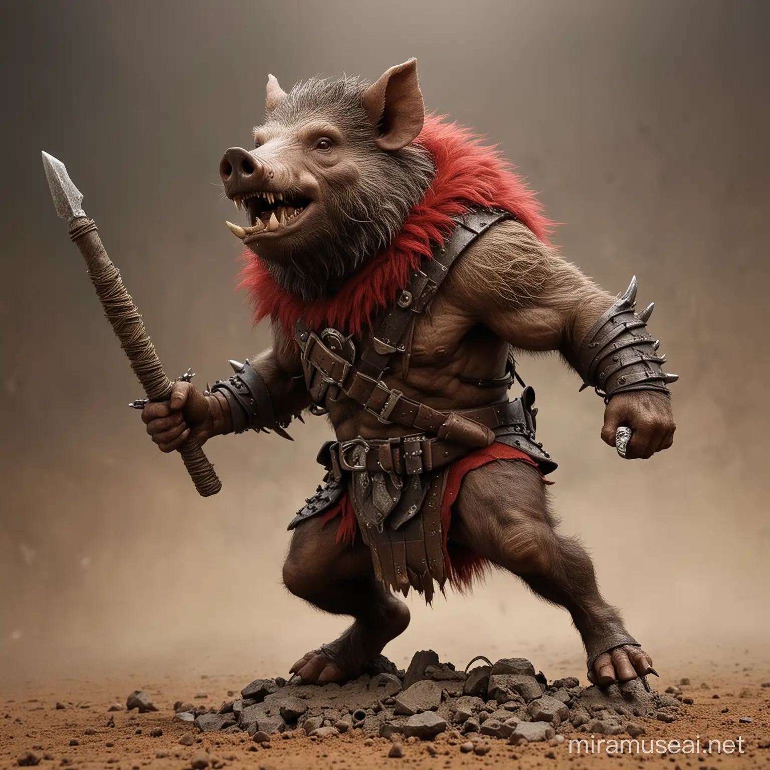 Boar warrior swinging a war-club
appreance- boar humanoid/tusks// full body/noir brown-red fur/shaggy/-unkept fur/ furious/ bipedeal /studded-war club/bloody/
background- battle field/trenches/ dead soldiers/ dirt/ barded-wire
