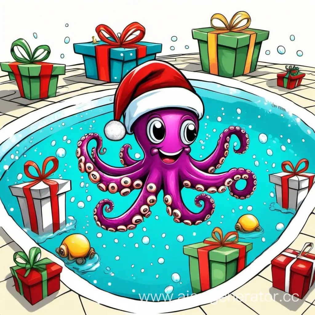 Cheerful-Santa-Hat-Octopus-Surrounded-by-Cartoon-Gifts-in-a-Pool