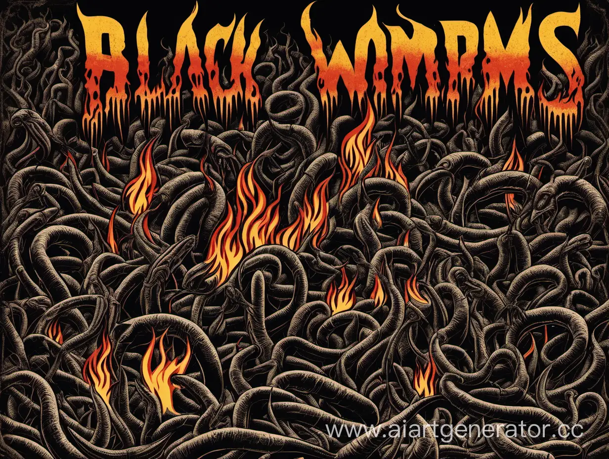 Ретро металл обложка, чёрные червяки, рок, ад, огонь