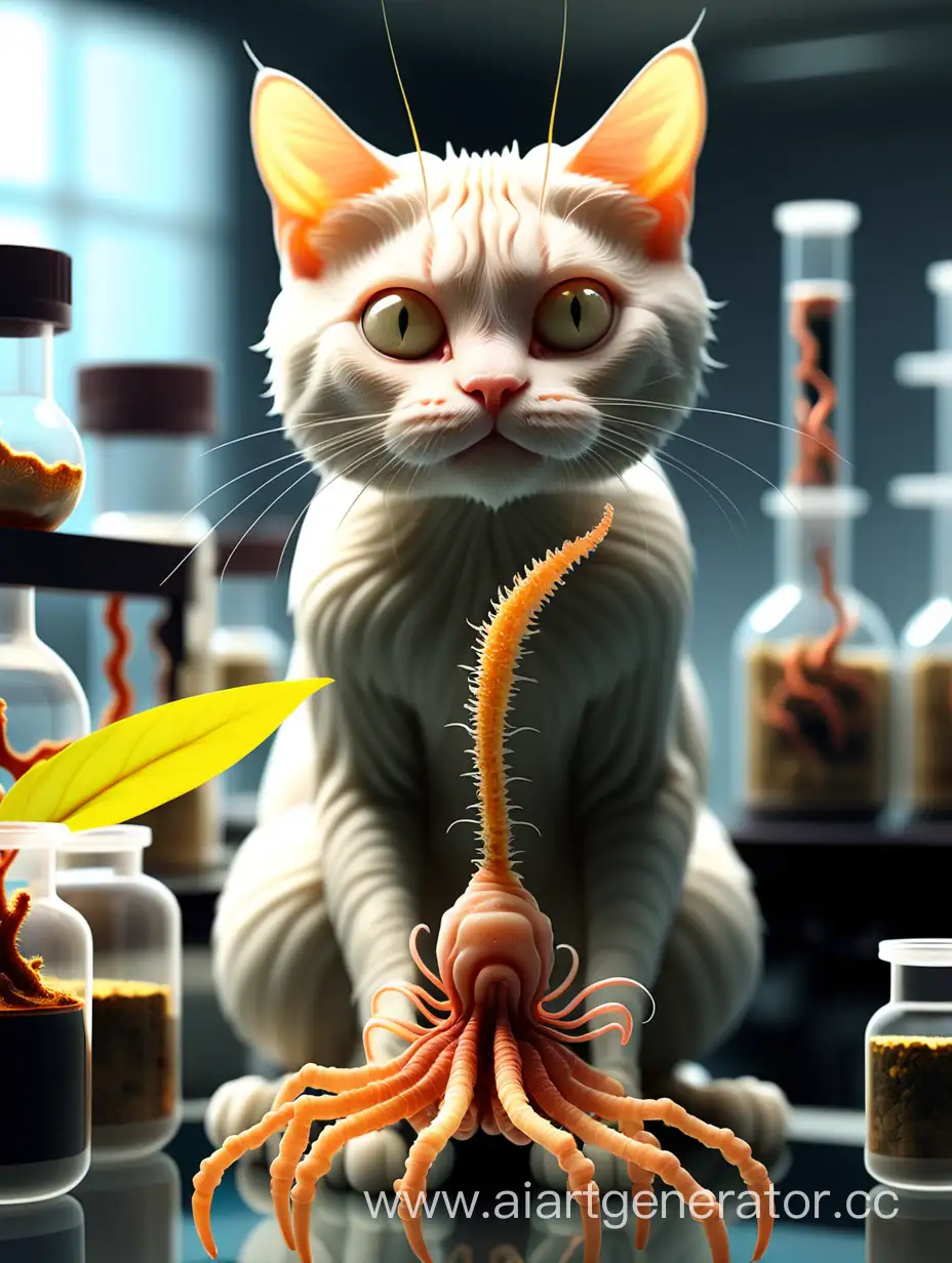 кот-ученый, наблюдающий в лаборатории за созданным им кордицепсом-мутантом