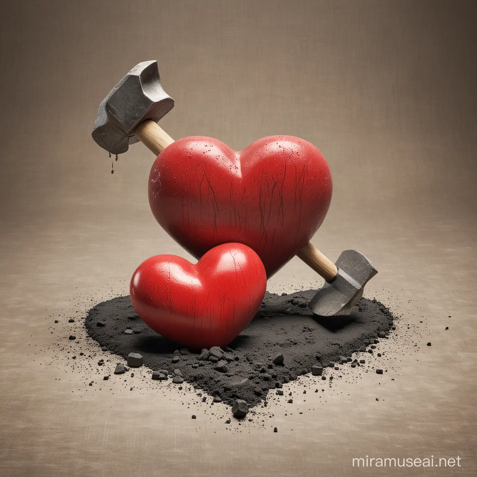 Love, heart next to another heart being hit with sledgehammer
