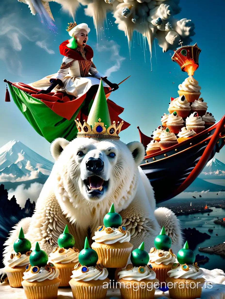 I  want a photo which represents a queen dressed in a venetian costume. She is sitting on the back of a polar bear. She has a big green nose and a hat in the form of a ship. We can see four cupcakes which are flying over her. In the background, we can see a erupting volcano.