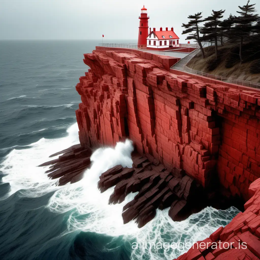 Cliff with multiple branches with sea and waves crashing on the reddish granite ledge.
On the cliff, a lighthouse with the red light on.
Sailing ship at sea made of wood with red sails spread out.