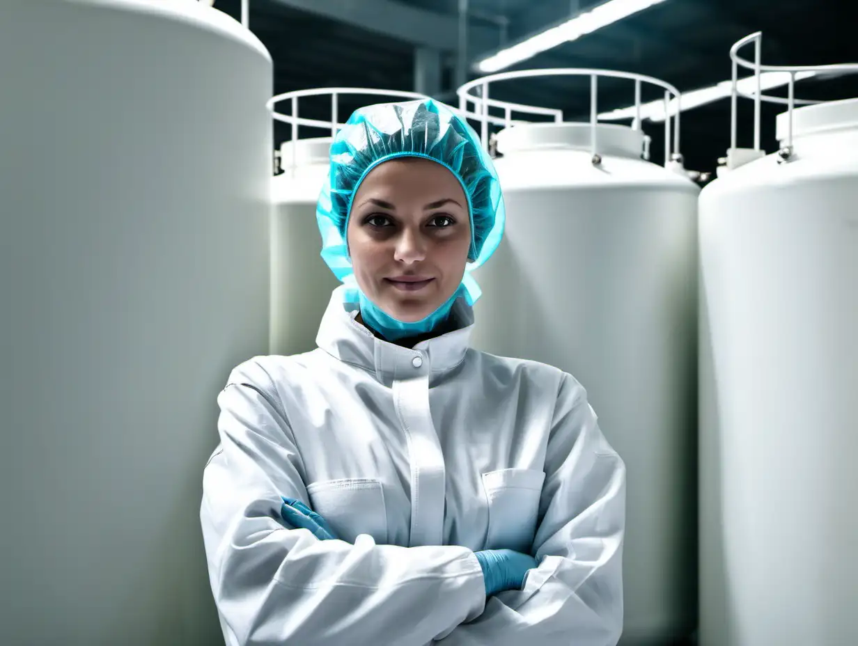 pharma worker inspecting tanks, looking at camera, white protective clothing, slight smile