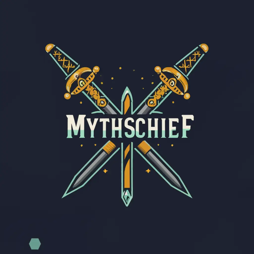 a logo design,with the text "Mythschief", main symbol:sword and wand,complex,be used in Entertainment industry,clear background