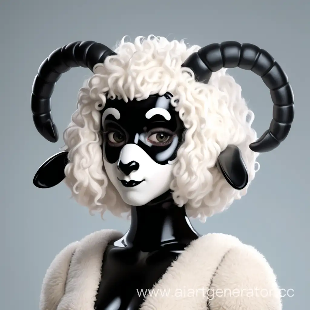Латексная девушка фурри овца с белой латексной кожей с черным резиновым лицом. Изображение сделать в милой стилистике