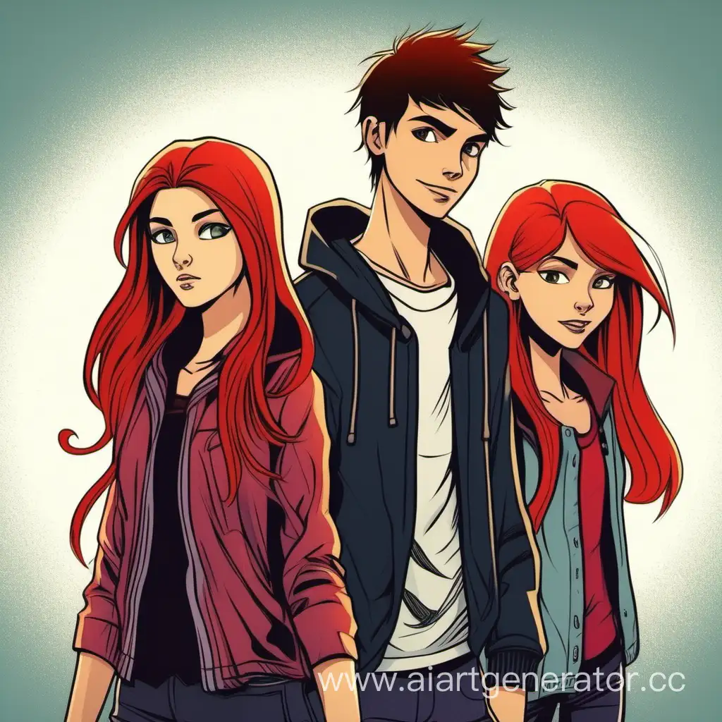 Трое подростков светловолосая девушка темноволосый парень и рыжеволосая девушка