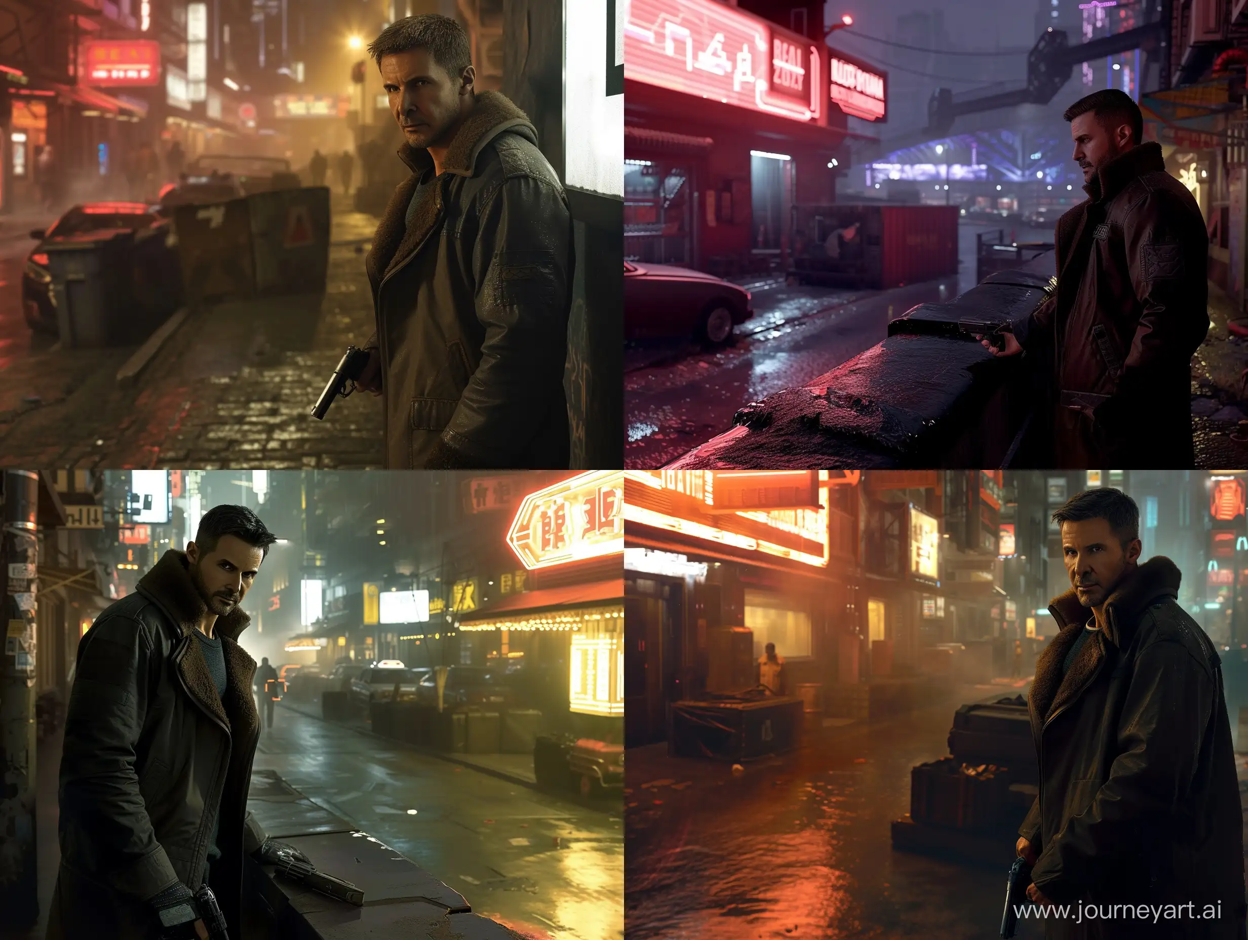 "Blade Runner 2049" is a third-person video game taking place in a futuristic urban setting with cutting-edge ray tracing visuals. Specifically developed for the PS5 system, this version of the game showcases a male protagonist standing by a street, armed with a pistol, and an expansive open-world environment driven by the Unreal Engine, set in the nighttime.