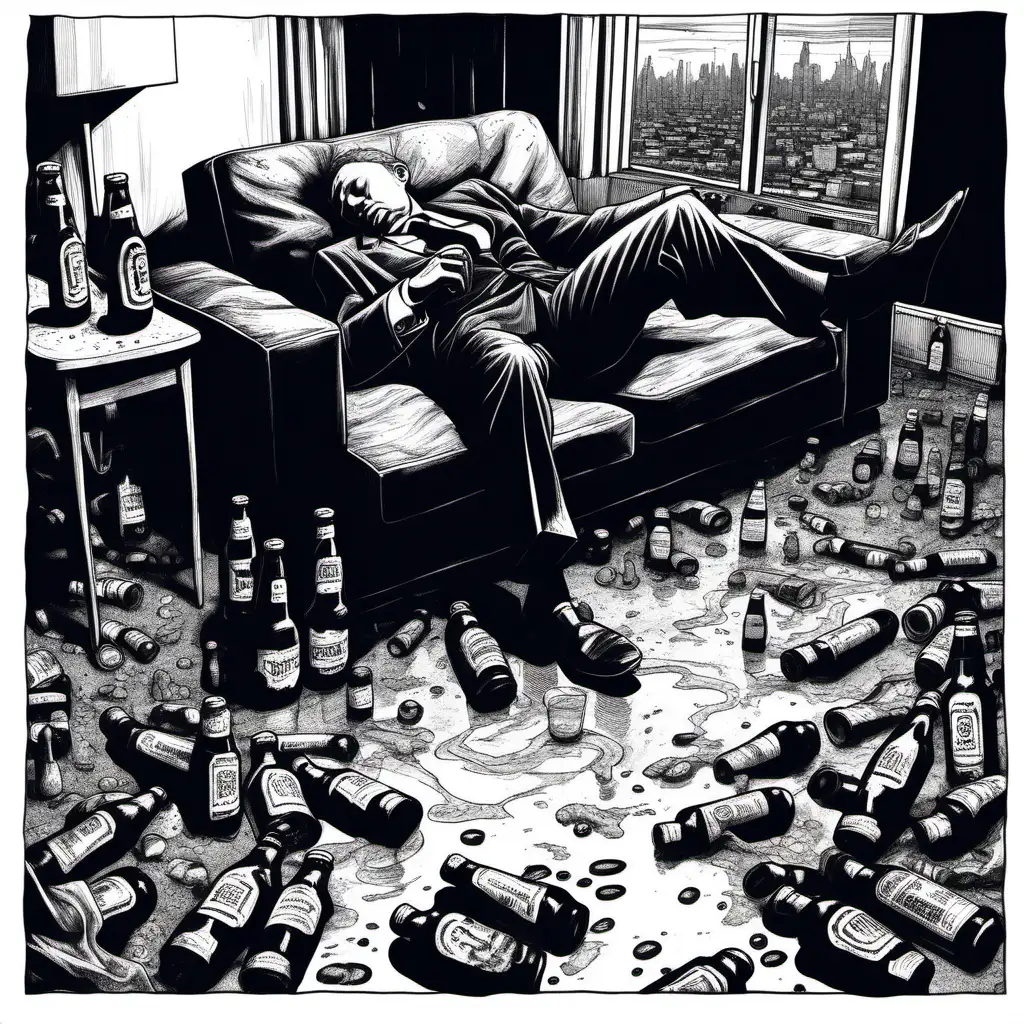 Man in a suit sleeping on the living room floor next to a puddle of vomit. Beer bottles everywhere, dark atmosphere, album cover, fine liner black ink art 