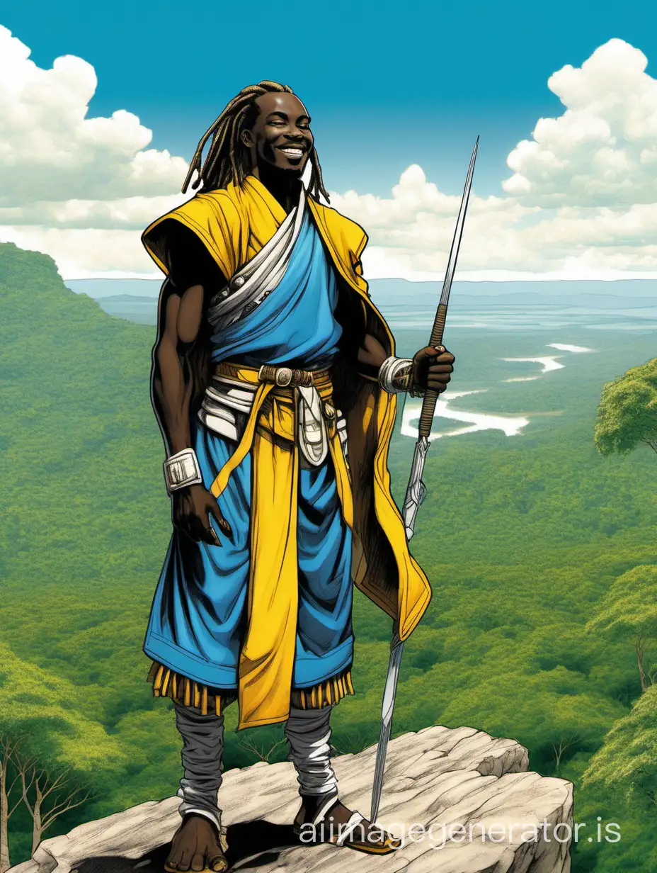 An early 20s African warrior wearing monk robes in blue, yellow, and white. He is standing on a cliff overlooking a lush green jungle and a blue sky. He has thin dreadlocks and is wearing a light white leather armor similar to a samurai's chestplate.  He is smiling.