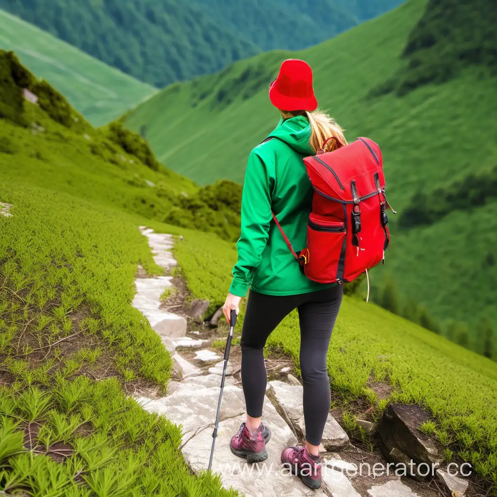 Une femme en randonnée porte un sac rouge avec un chapeau vert style réel
