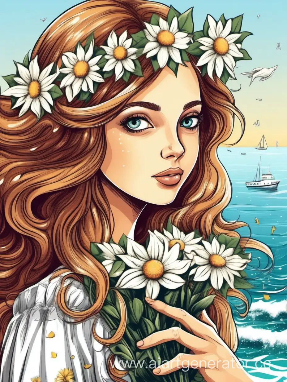 Белая очень красивая девушка, с букетом цветов, с открытыми глазами, на фоне моря, праздник 8 марта.