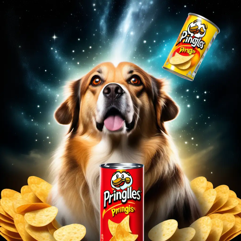 A magical and majestic dog looking up with hopeful eyes at a can of pringles in a fantasy theme
