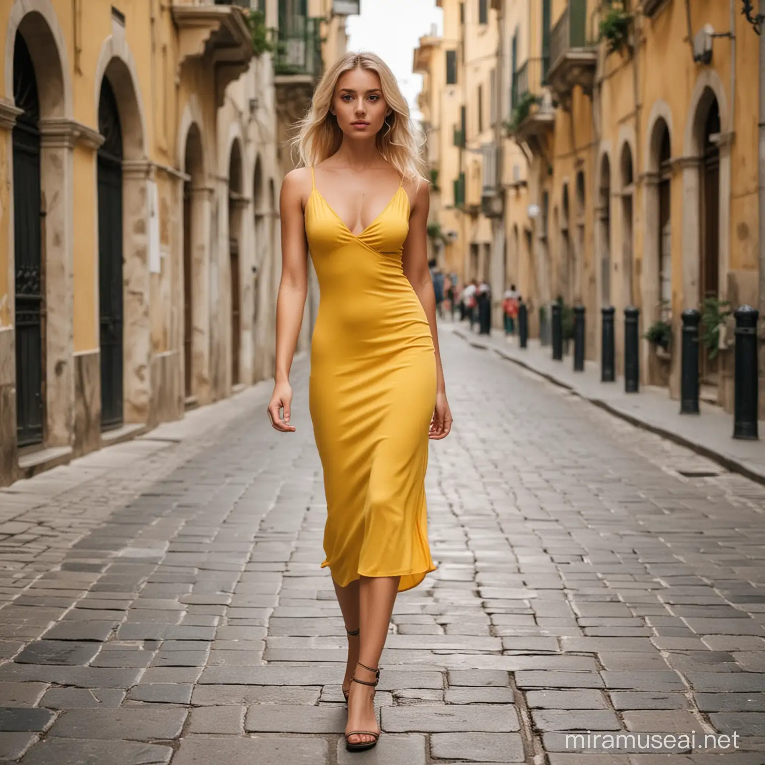 Elegant Blonde Girl in Yellow Dress Strolling through Italian City Streets