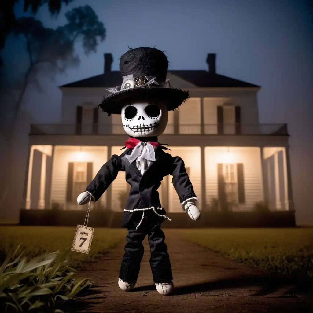 A voodoo doll that resembles Baron samedi in front of a Louisiana plantation house at night in the fog