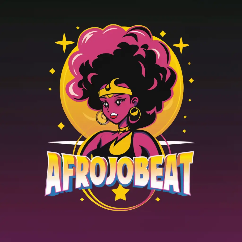 a logo design, with the text 'AFROJOBEAT', main symbol: BIG AFRO BLACK SAILOR MOON 'AFROJOBEAT' PINK YELLOW PURPLE, minimalistic, be used in Entertainment industry, clear background