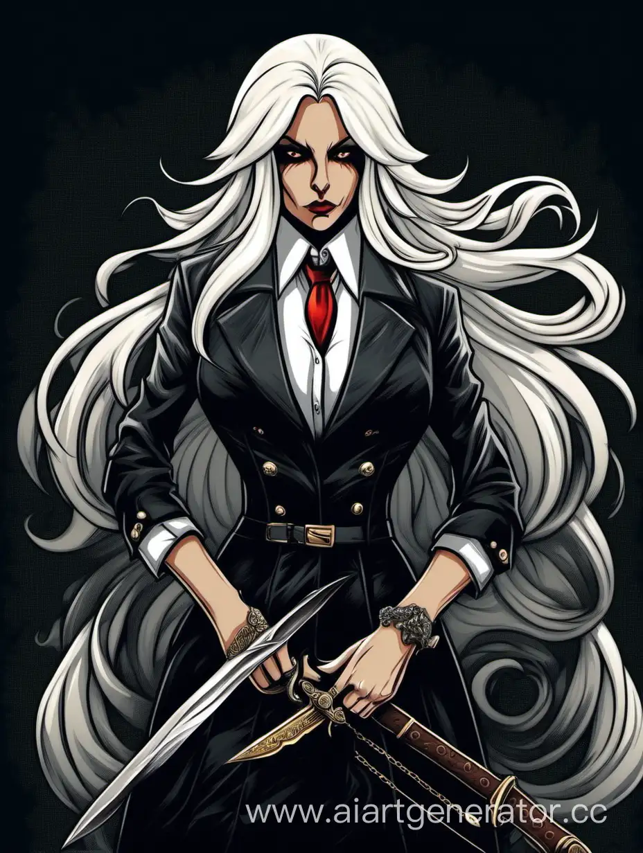 Lady mafia boss with long WHITE hair and a dagger