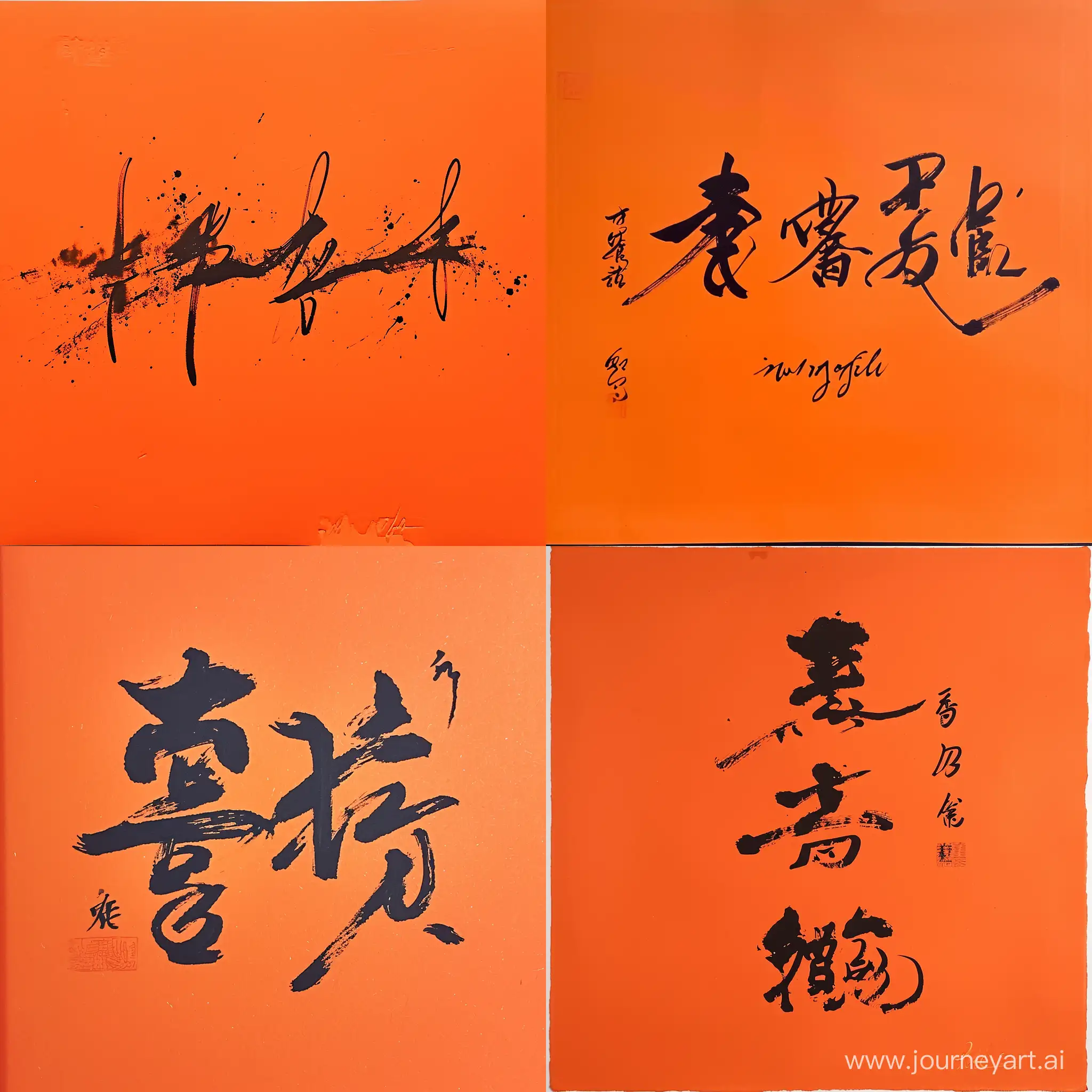 帮我写一幅字，使用爱马仕橙底色，使用墨汁黑和草书，只写两个字 繁花