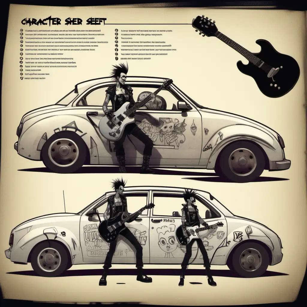 Character sheet, side profile, Multiple poses, punk rock themed car mixed with a Giant guitar