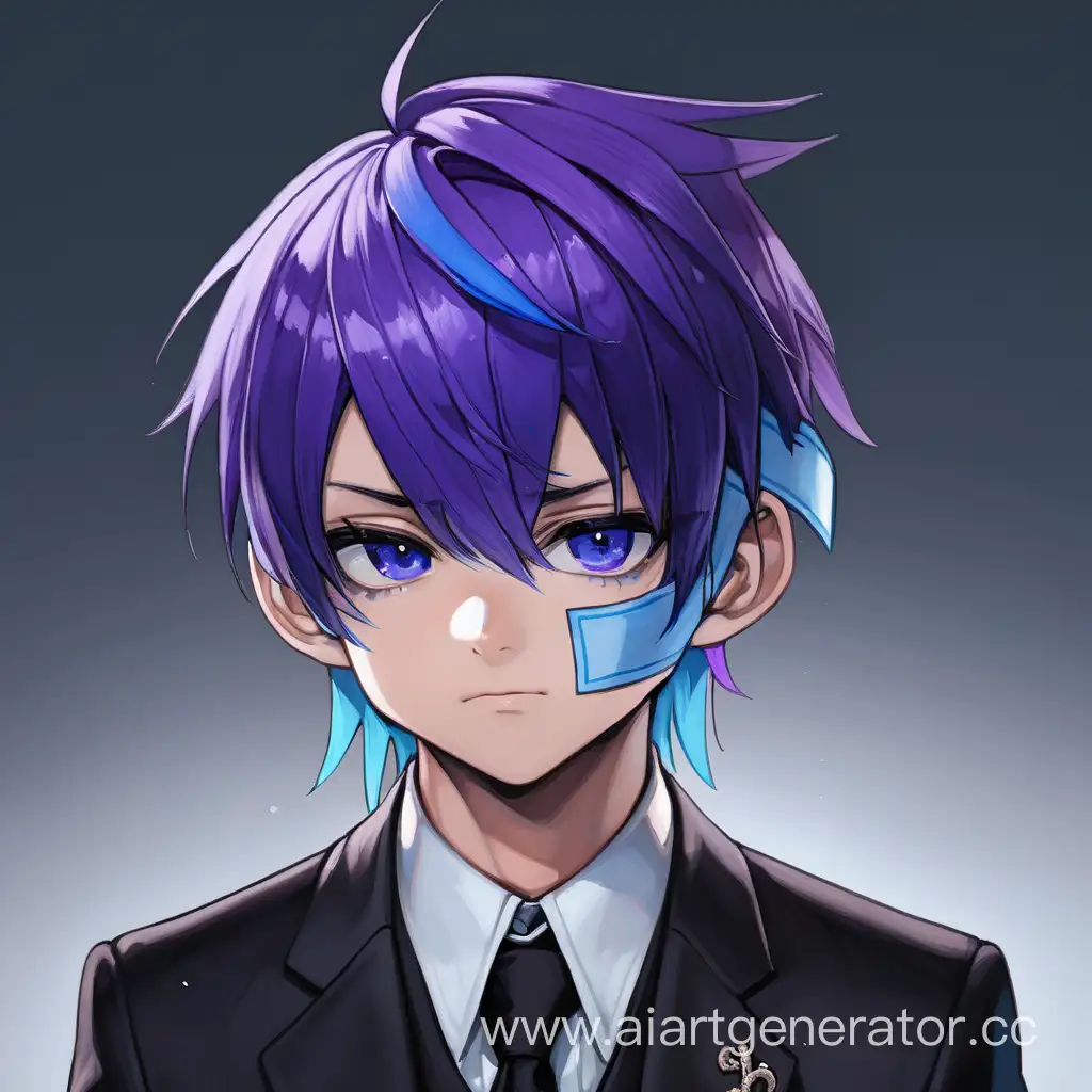 purple hair blue head bandage black suit boy