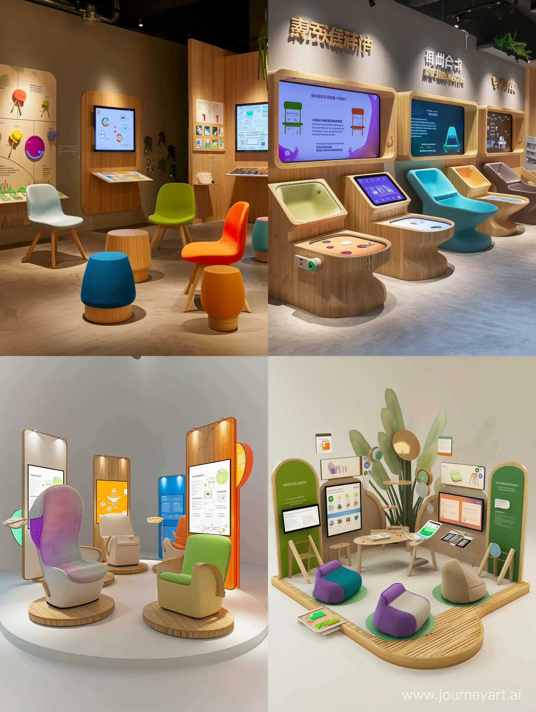 imagine an image of  Interactive Zone (Approx. 6.75 sqm)of kids chair showroom:
Color and Material: Neutral backdrop with interactive elements in vibrant colors; touch-friendly surfaces like bamboo, fabric, and recycled plastics.
Items and Elements: Interactive digital screens; material samples for tactile exploration; small, interactive installations related to chair design.
Graphic Features: Interactive digital content, possibly augmented reality experiences; informational graphics about sustainability practices.
Lighting: Bright, clear lighting for screen visibility; accent lighting on material samples and installations.realistic style
