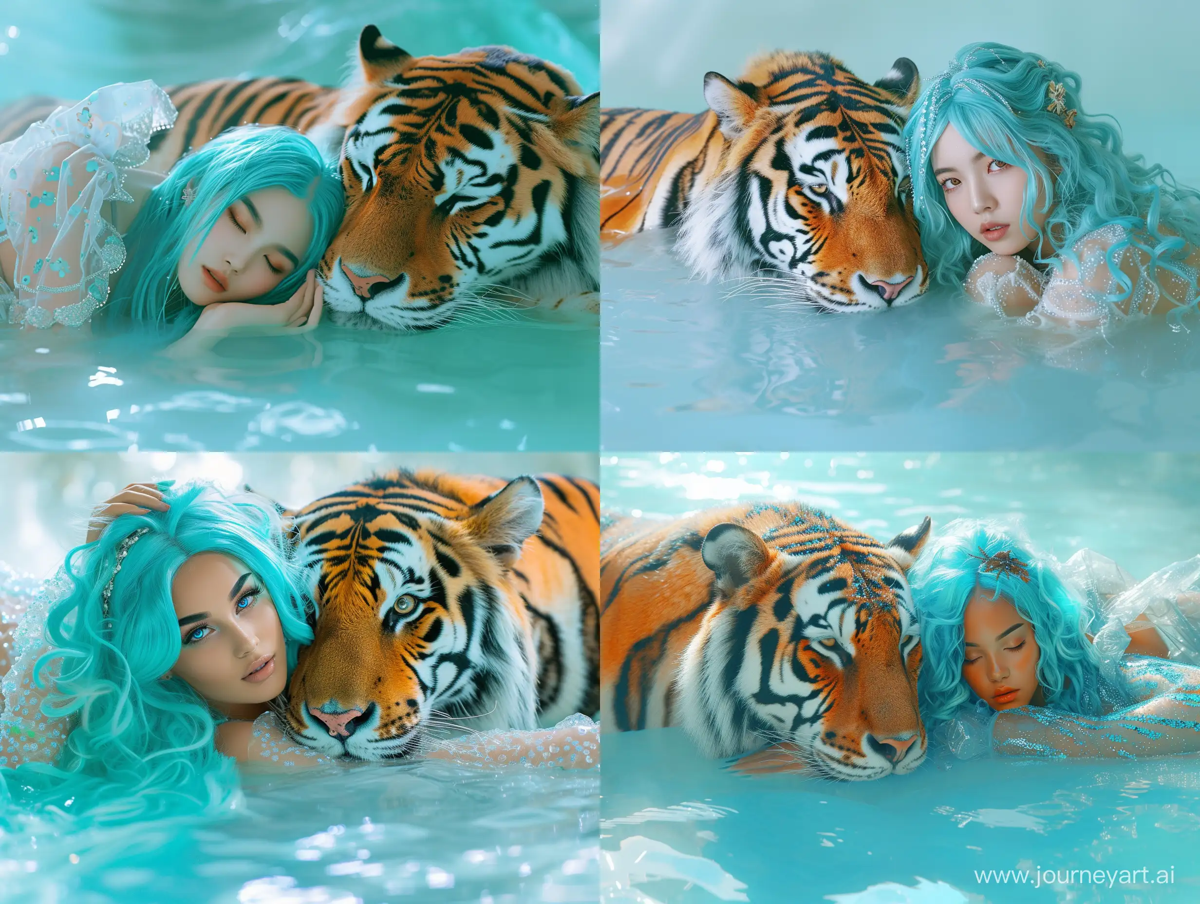 12 year  girl  blue, Translucent, Water-like, Supple, watery, Gelatinous, Luminous, shimmering, surreal, glowing, a model laying near a tiger with blue hair, in the style of dreamlike illustrations, realistic hyper-detail, light turquoise, dot-painted colors, optical blending, soft yet vibrant, hyper-realistic pop, dreamlike figures
