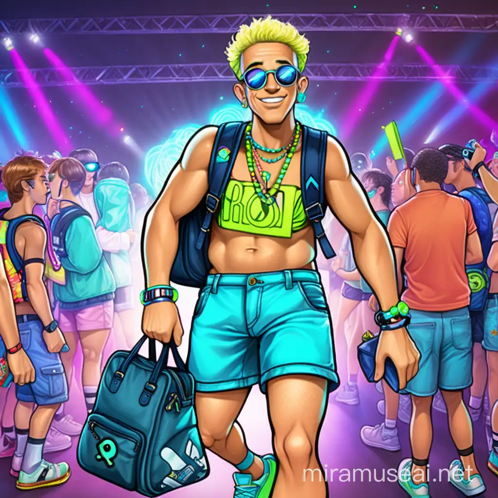 cartoon man in rave with shorts on and bag with him