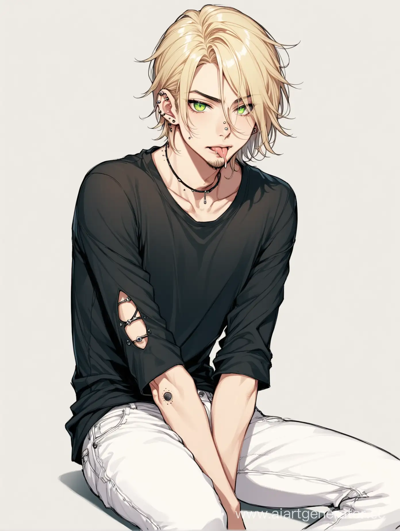 Man, Average height, Skinny, Very light blonde hair reaching the middle of the back, Green slightly narrow eyes, Straight nose, There is a little stubble, Lots of hair on arms and legs and some on chest, Nose ring piercing, Two piercings under the lip, Piercing in the middle of the tongue, Black shirt with elbow-length sleeves, White jeans with holes in the knees.