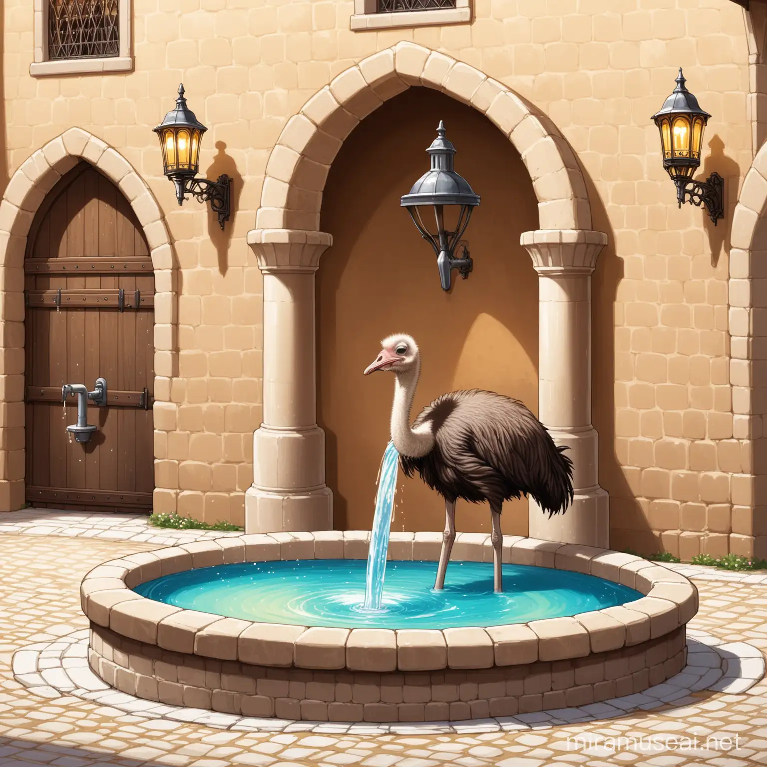 Ein durstiger Strauss, der aus einem mittelalterlichen Brunnen trinkt. Das Wasser in dem Brunnen ist aus Bier. Der Strauss strahlt. Der Strauss steht außerhalb des brunnens