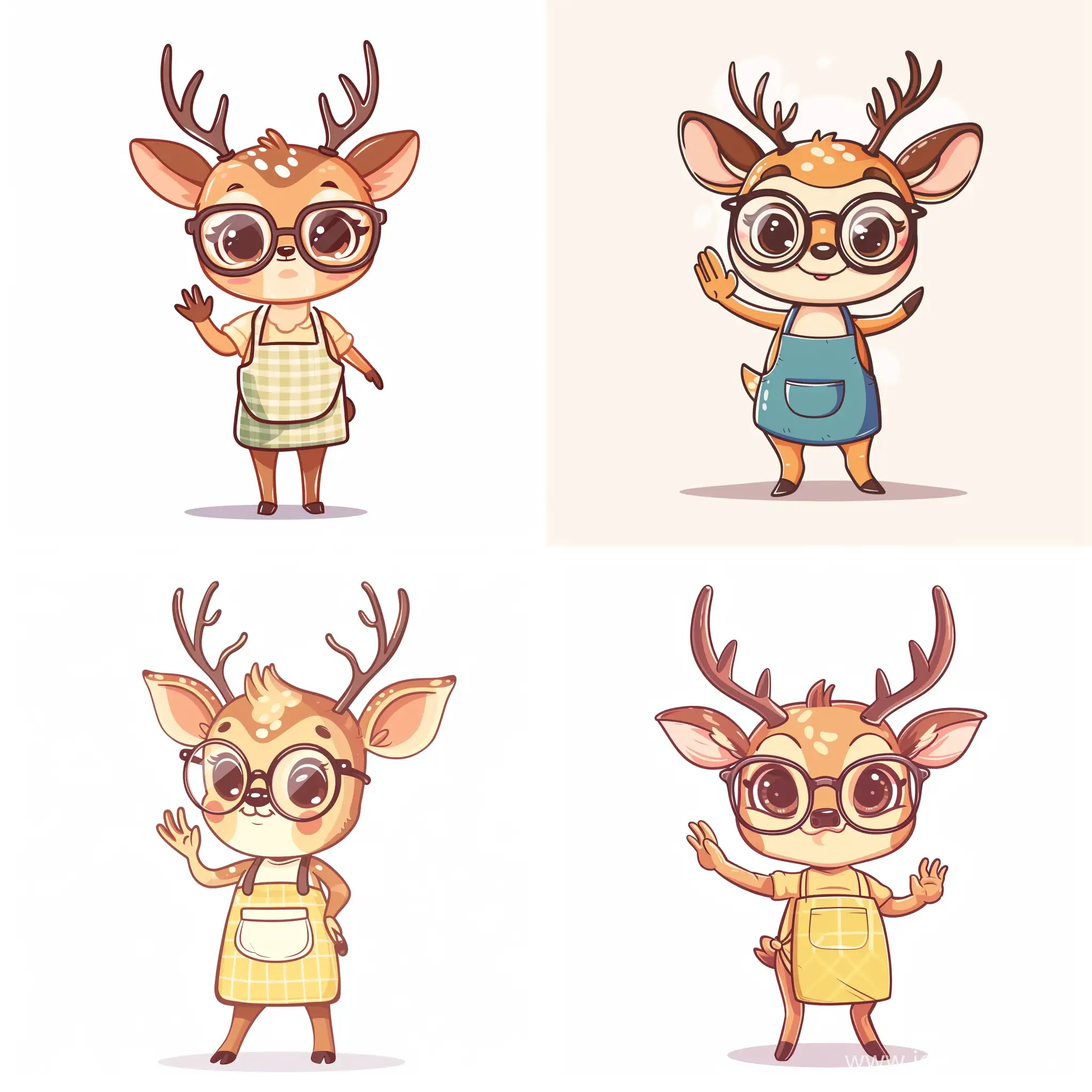 A baby deer wearing an apron, wearing big glasses, short antlers, chubby body, anthropomorphic, standing posture, waving, mascot, stylish and pretty color collocation, Bubbly Matte style, white background, cartoon flat style