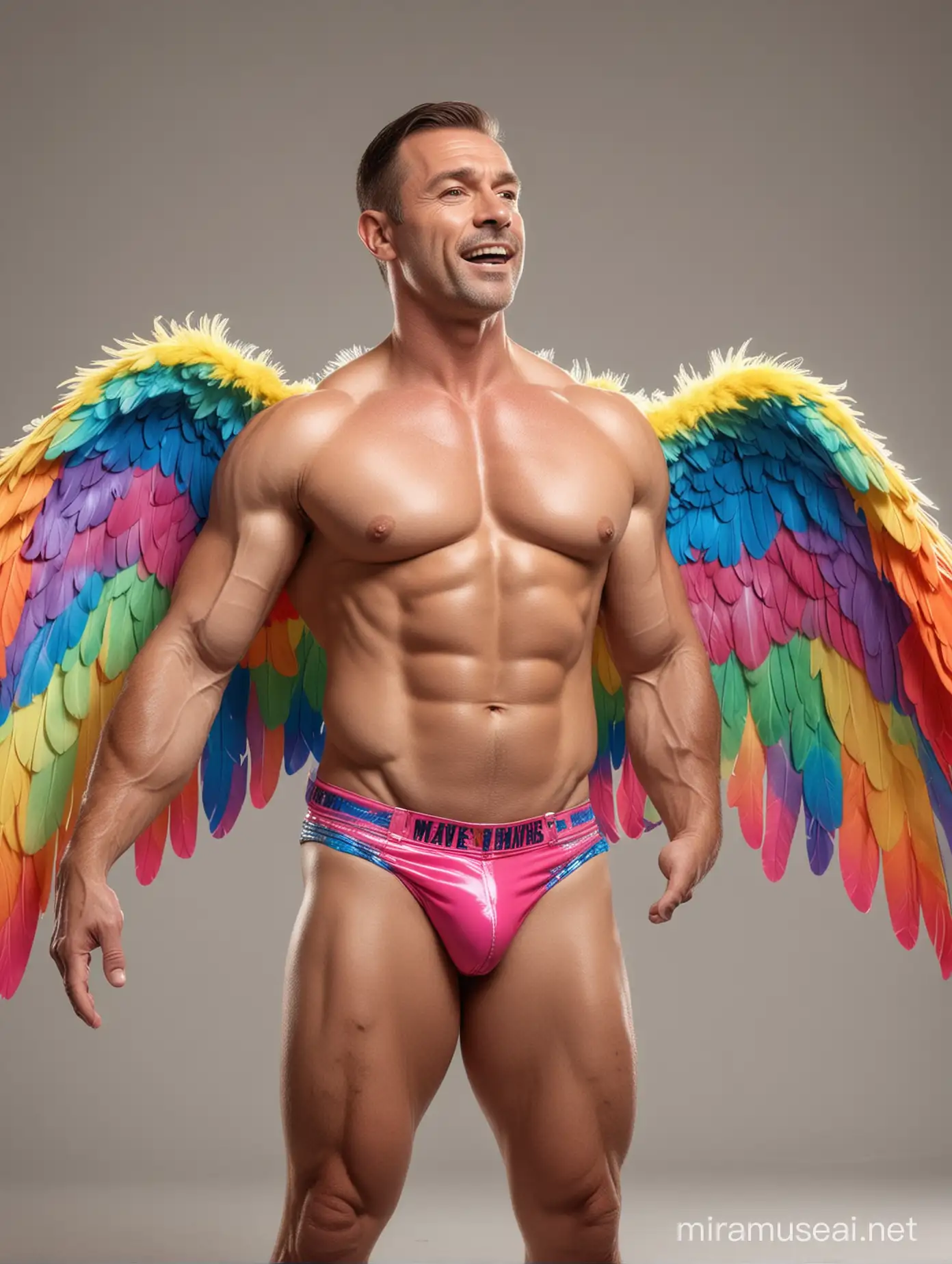 Muscular 40s Bodybuilder Flexing with Bright Rainbow Colored Eagle Wings Jacket and Doraemon