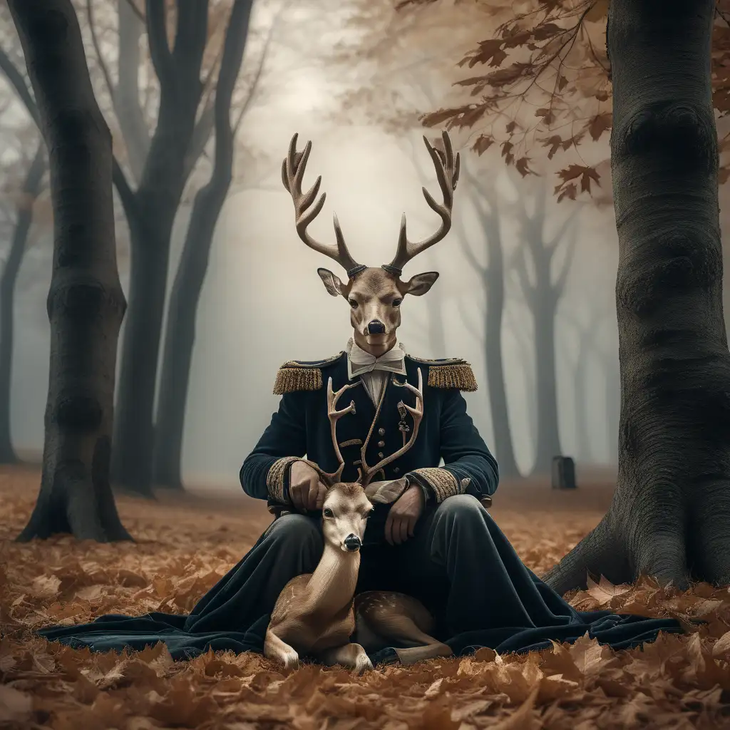 A DEAD MAN WITH A DEER'S HEAD IN 19TH CENTURY CLOTHES LIES IN AUTUMN FOLIAGE, post processing, silence, detailed costumes, monochromatic minimalist portraits, ghostly presence, traditional costumes, Magical, mystical award winning photograph, in the style of  of Remedios Varo , digital painting ::-0.3 Barbouillage, Shot on 17. 5mm, 85mm Lens, DSLR, F/ 22, ND - Filter, ultra quality, highly detailed, unreal engine, volumetric lighting, ominous, dramatic, horror background, octane render. ::1 , —ar 16:9