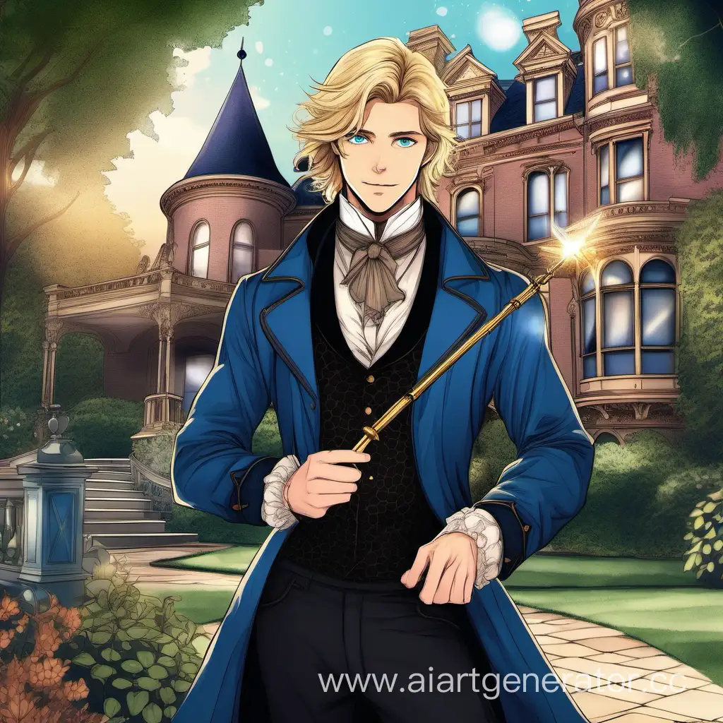 Высокий, красивый молодой человек со светлыми волосами средней длины и голубыми глазами, одетый в викторианскую одежду, держит в руках волшебную палочку и стоит на фоне красивого поместья.
