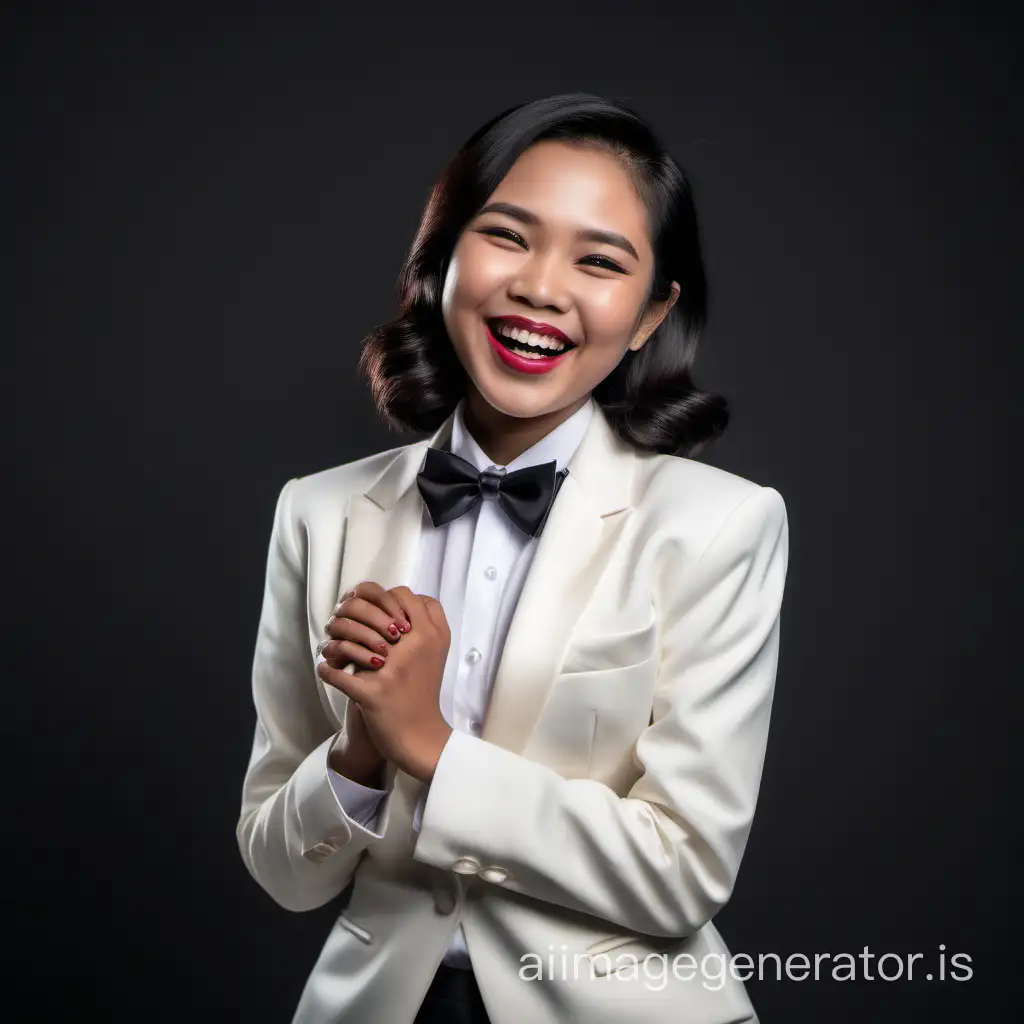 cute and sophisticated and confident Indonesian woman with shoulder length hair and lipstick wearing an ivory tuxedo with a white shirt with cufflinks and a black bow tie, clasping her hands, laughing and smiling
