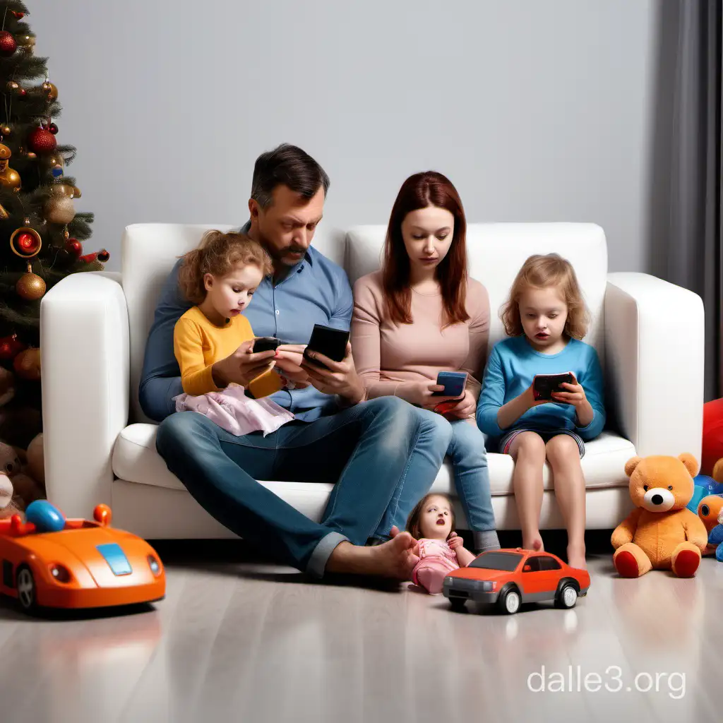  A family of four is sitting on a white couch. The father is reading a book, the mother is eating from a bowl, the son is watching TV, and the daughter is playing with a phone. The floor is covered with toys.realistic,cinematic,