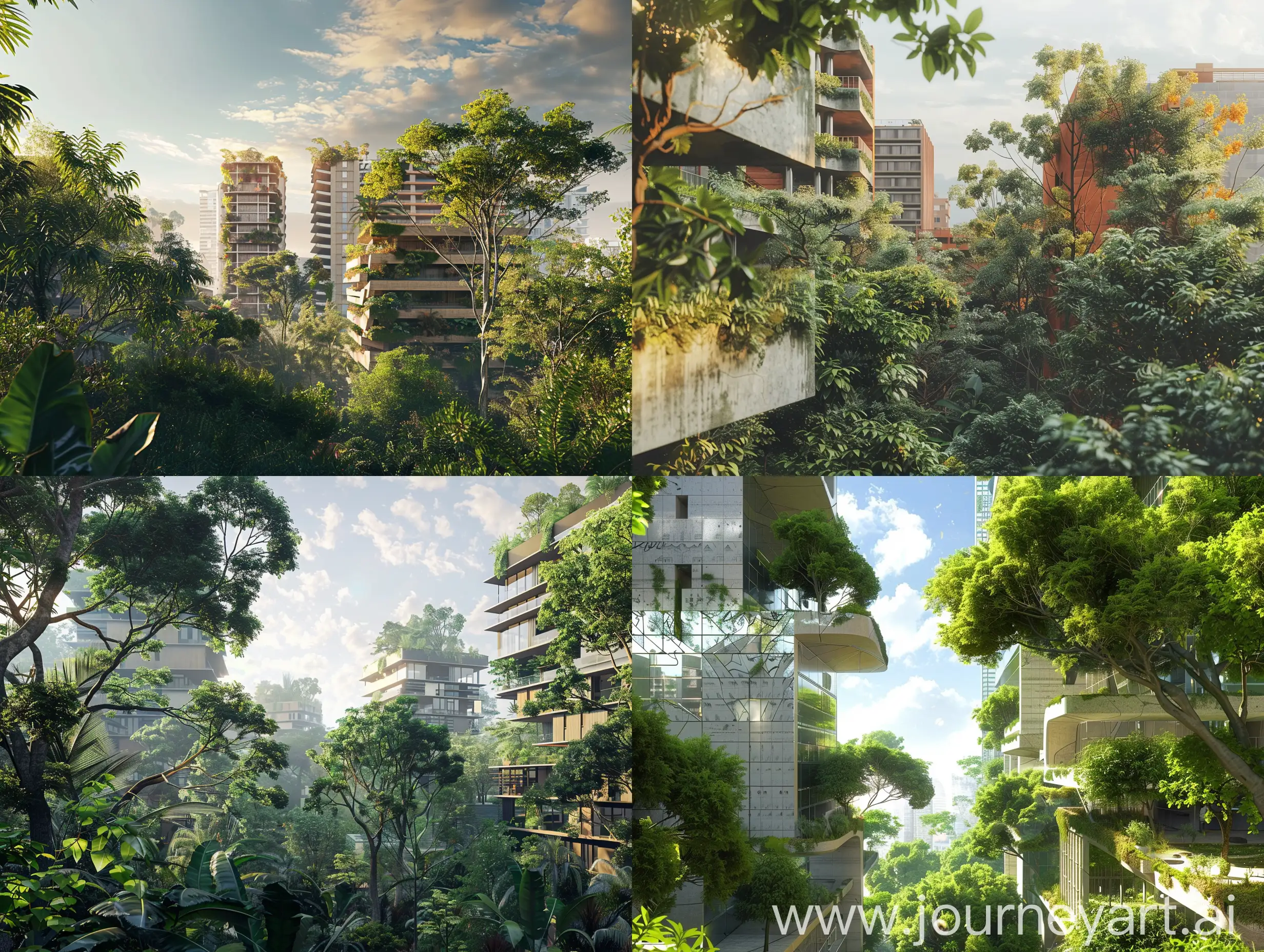a hyperrealistic image for environmental conservation in an urban setting with trees, vegetation and a few buildings in the image