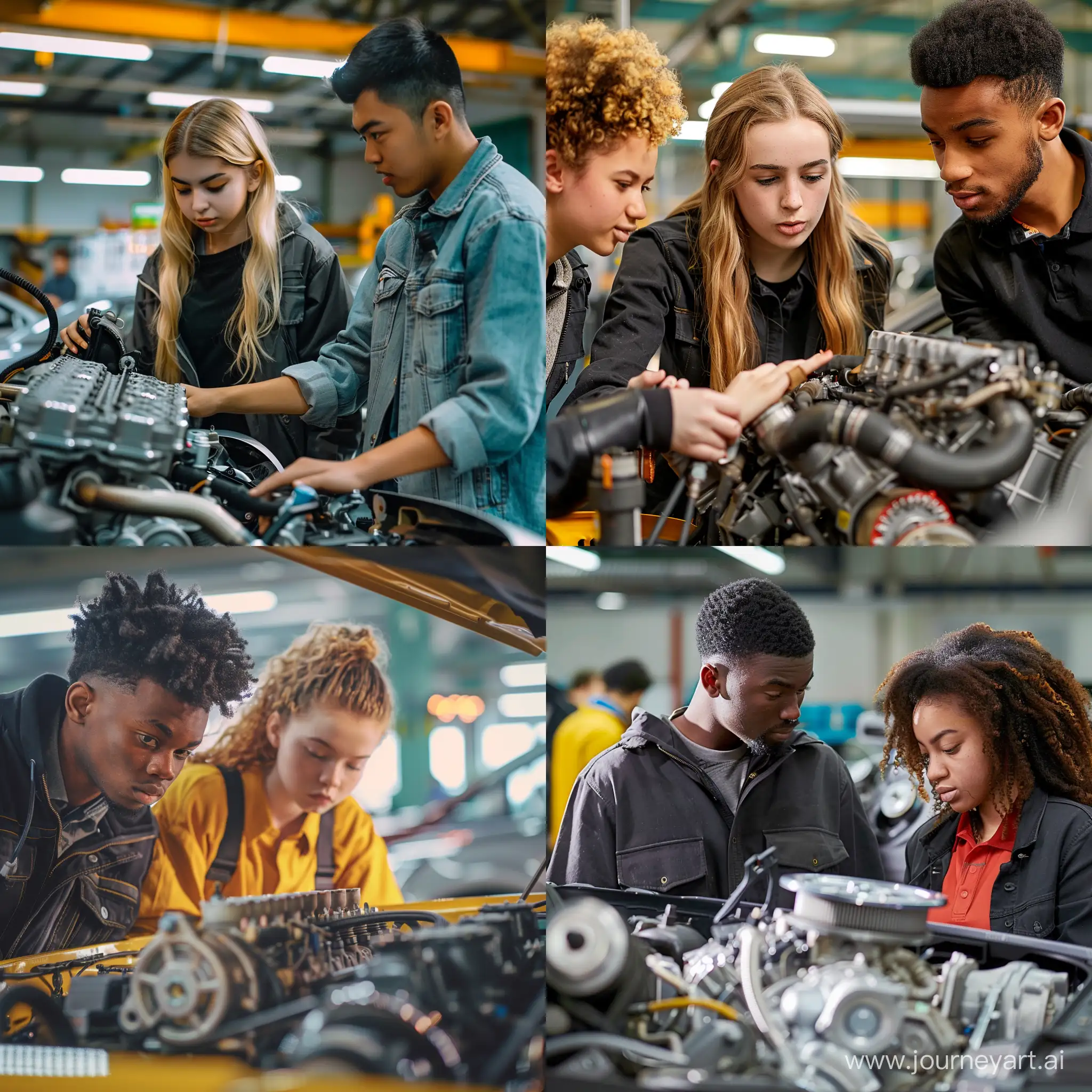 Male and female students looking at a car engine on an auto mechanic apprenticeship course in college --v 6 --ar 1:1 --no 35401