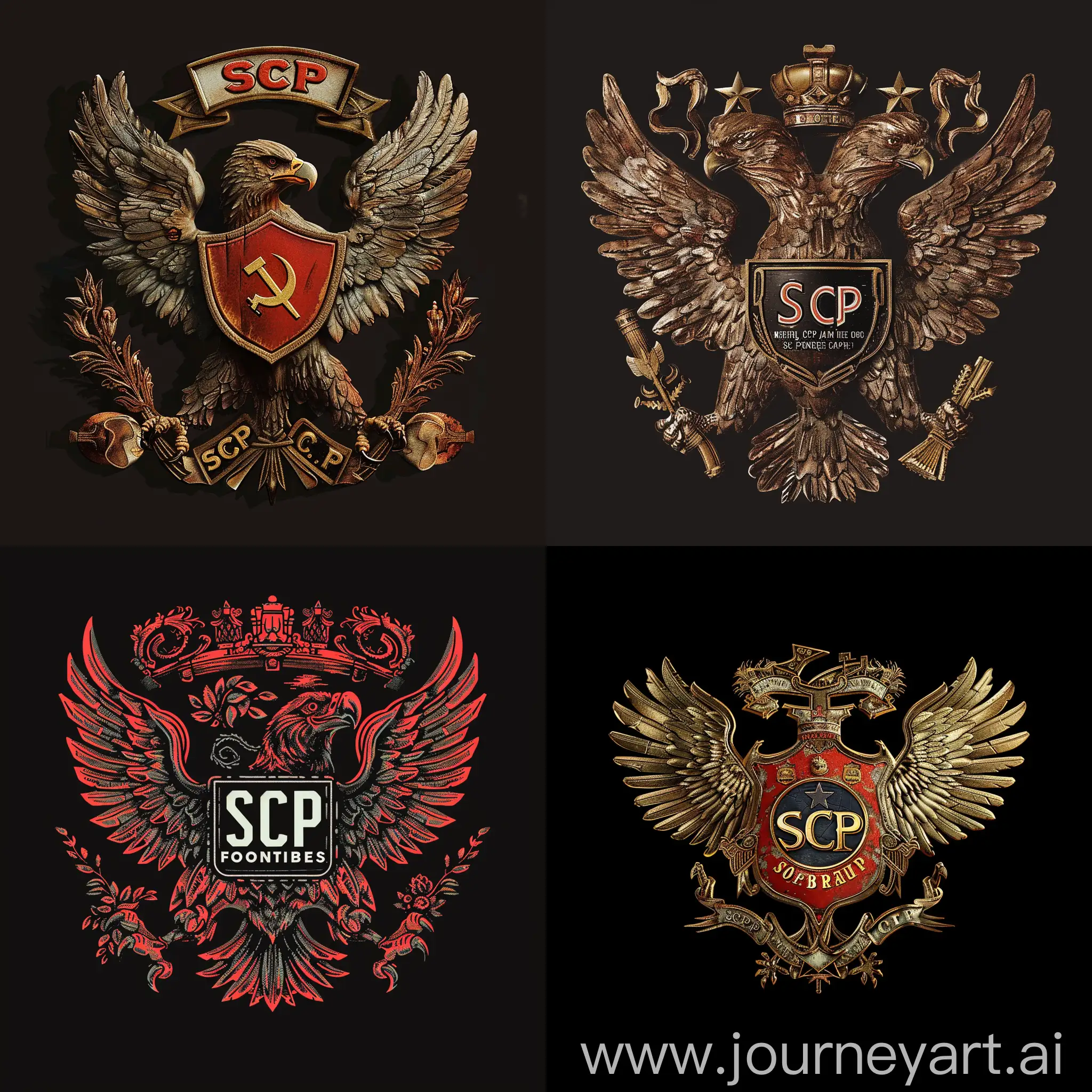 Сгенирируй коммунистического орла в виде герба связанное с scp фондом чтоб по середине была надпись scp