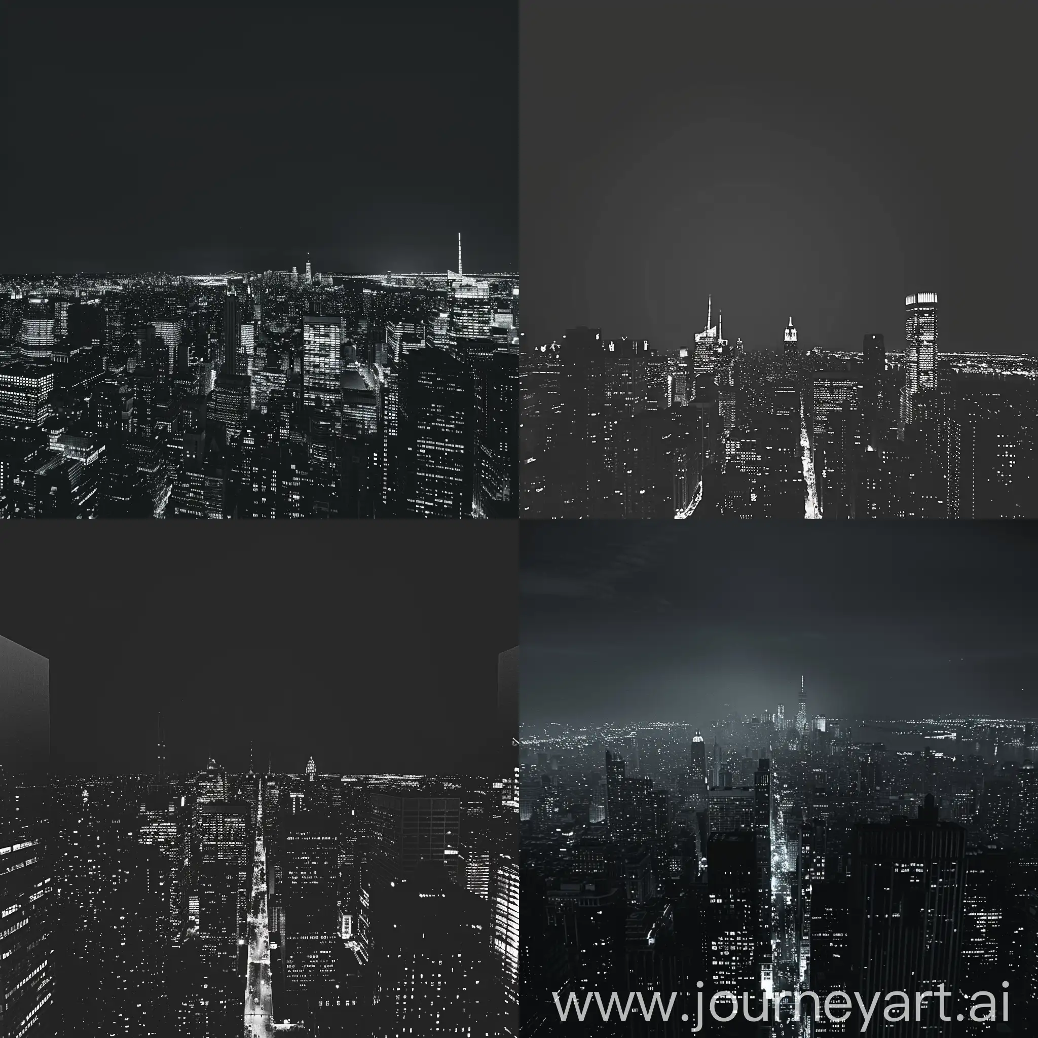 یک عکس از نمای یک شهر در شب و سیاه سفید و تیره با ساختمان های بلند و داشتن فضای خالی برای نوشتن متن
