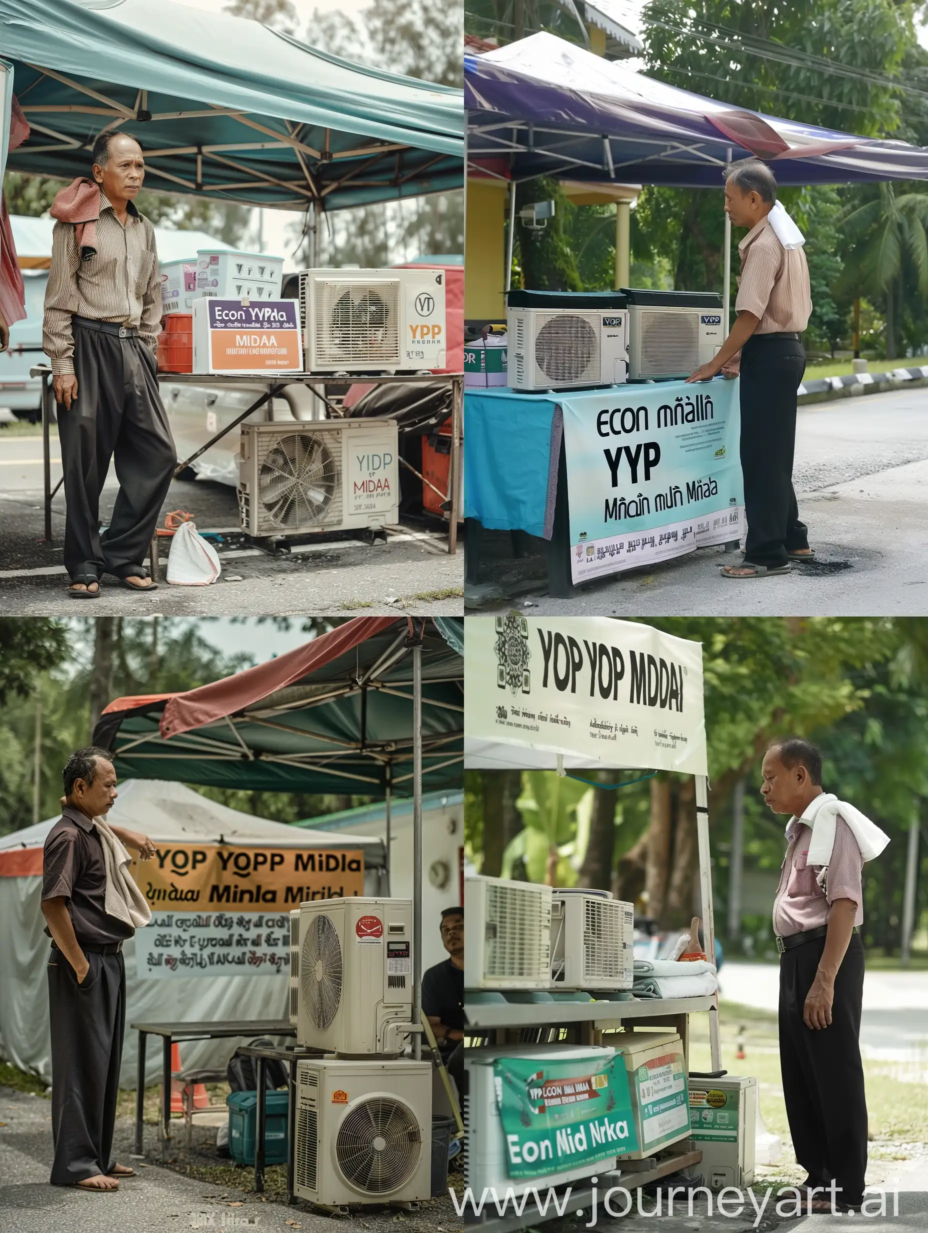 roadside scene. a Malay man wearing a shirt, black slacks. hanging a small towel on the shoulder. sitting while selling air conditioners. the air conditioner is arranged by the table, under a small tent. air conditioners branded 'YOP' and 'MIDAH'. A banner was hung in the tent with the sentence 'Econ murah'. side angle view. realistic photography. ultra realistic. super realistic. 32k full HD
