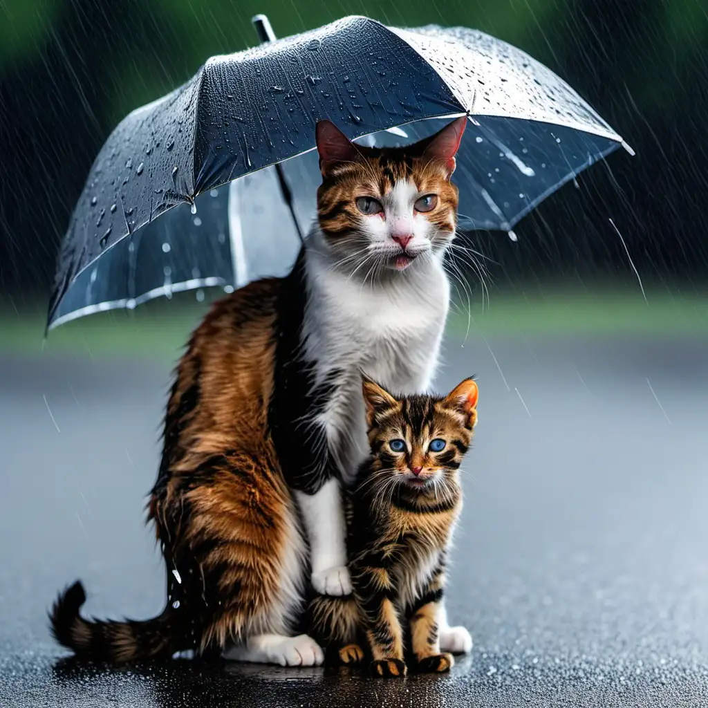 Mother Cat Comforting Sad Kitten in Rainy Weather