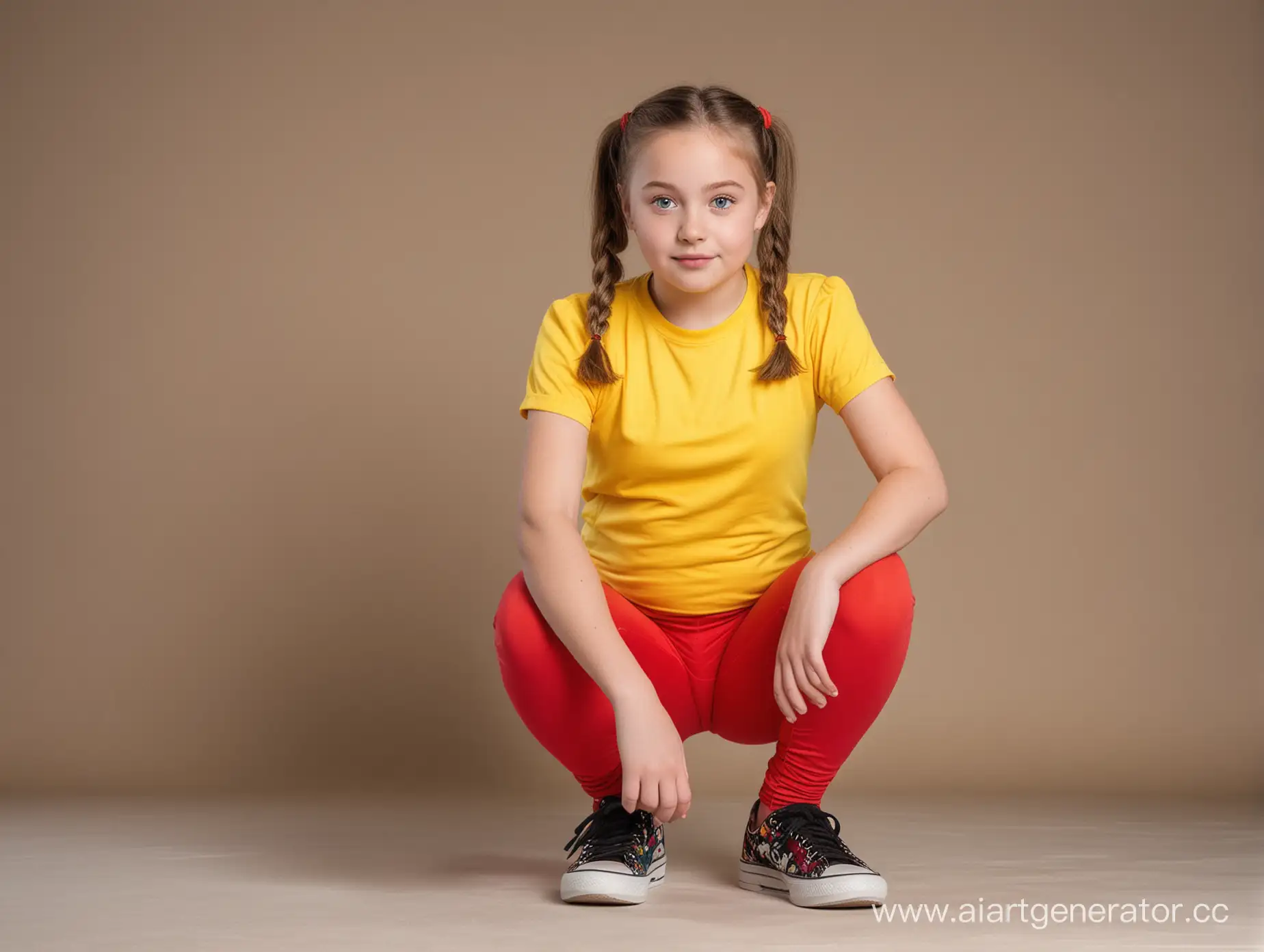 A plump twelve years old girl with round face, two pigtails, blue eyes, dressed in red leggings and yellow t-shirt. Girl squatting. Front view.