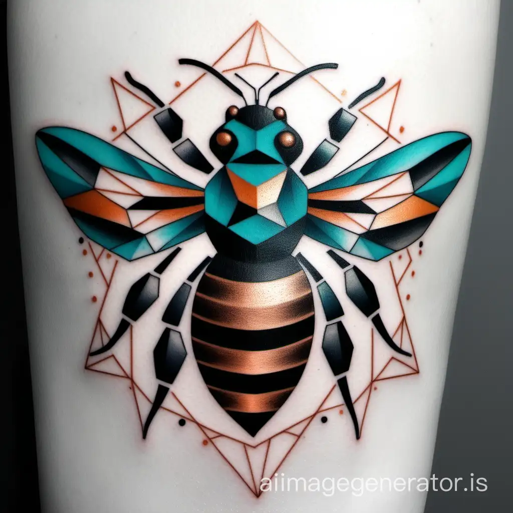 Geometric-Bee-Tattoo-Design-in-Teal-Copper-and-Bronze-Tones