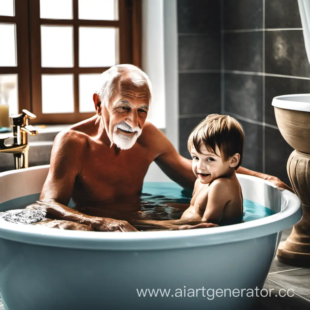 дедушка и внучок купаются