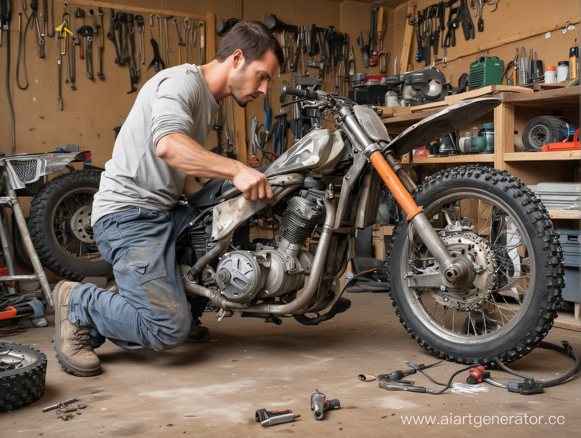 Нарисуй мужчину в гараже, который ремонтирует свой кроссовый мотоцикл болгаркой