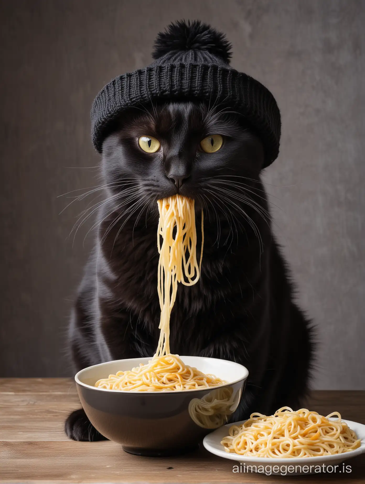 Black cat in a knitted hat eats noodles