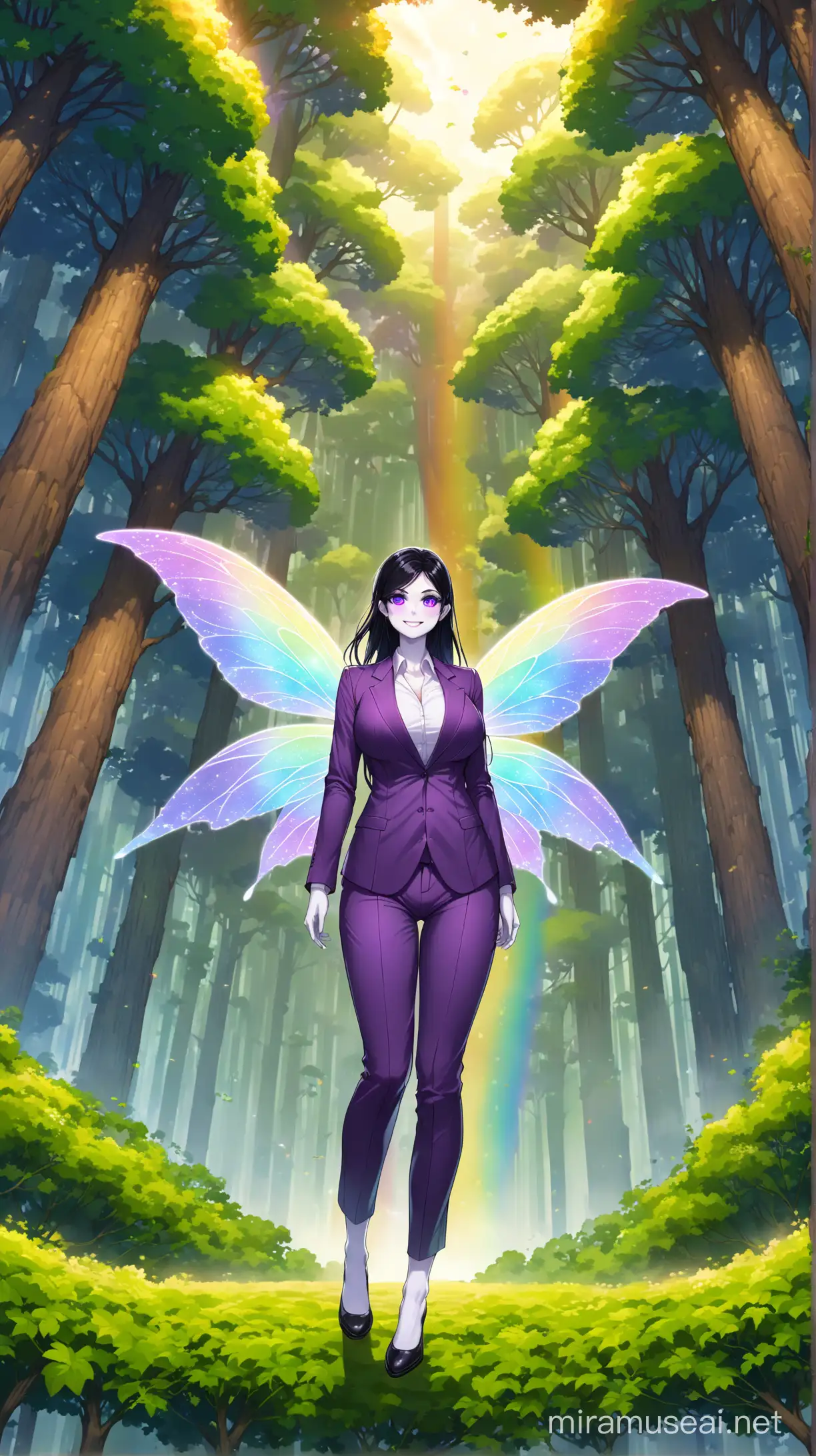 (fairy wings: 1.5), pale skin, (black hair: 1.5), shoulder length hair, (rainbow eyes: 1.5), glowing eyes, (white skin: 1.5), full smile, happy, looking at viewer, 1girl, forest, woman, sexy, big breasts, suit, business suit, purple suit, tall, (low perspective: 1.2), , full body, purple, giantess, fairy, giant forest, (giant trees: 1.2), black pants, long pants, black shoes, shoes, solo, character showcase, dark forest