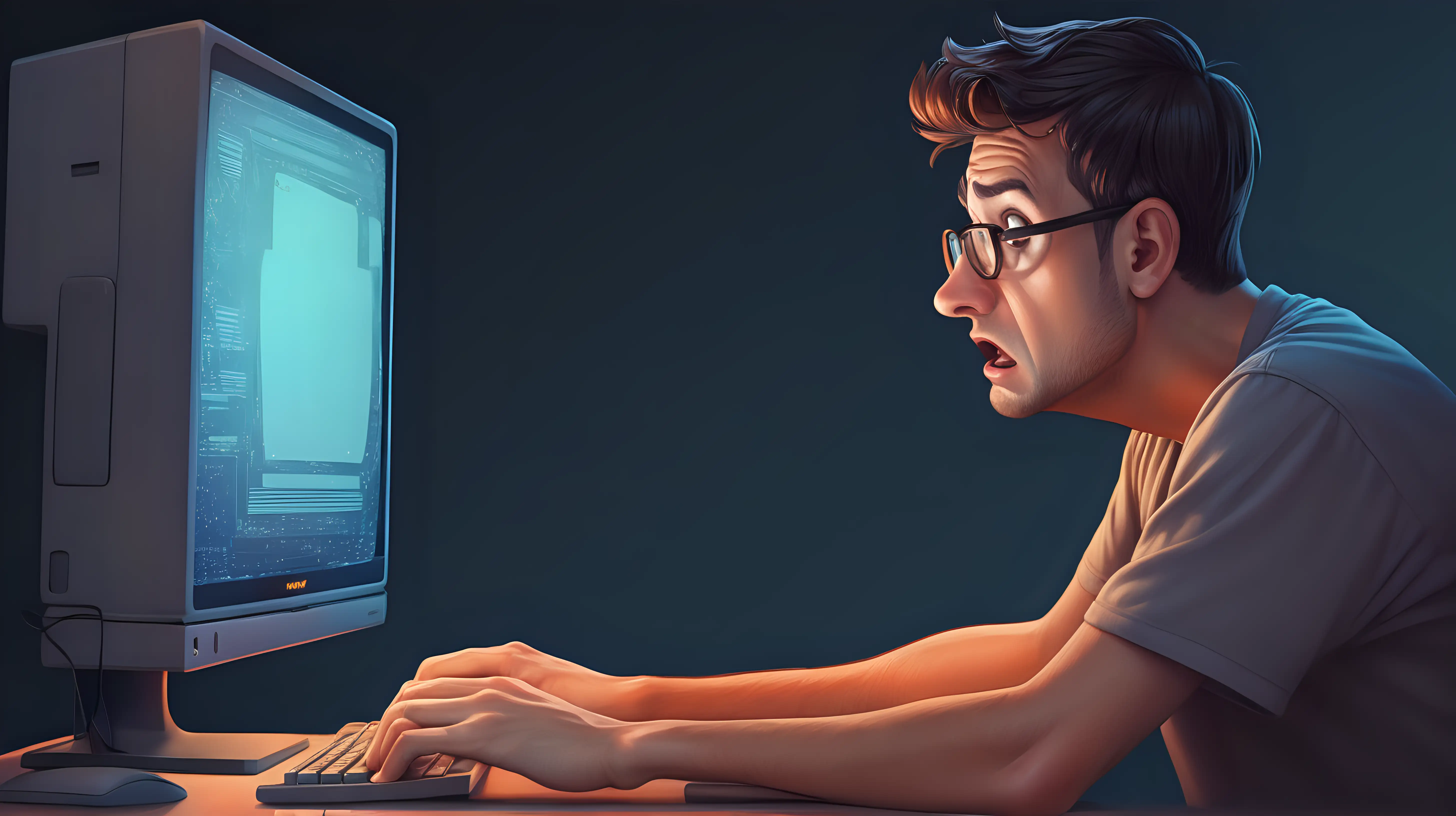 Anxious Man Observing Computer Screen Tensely