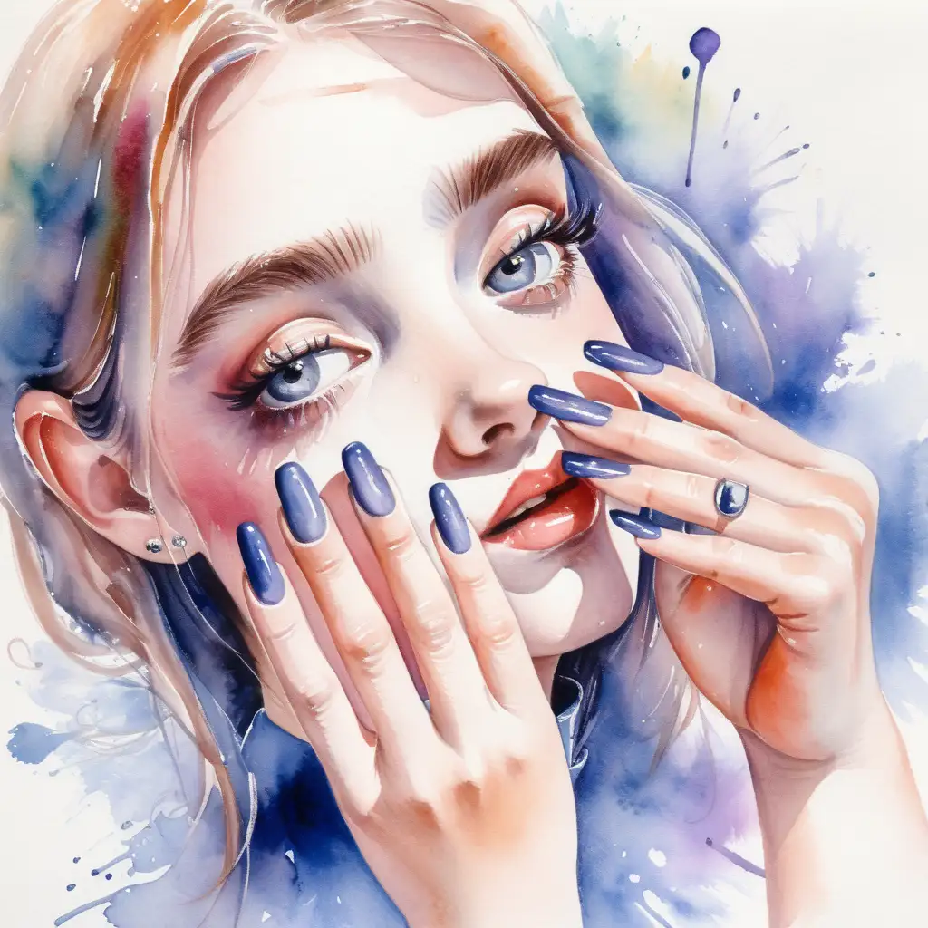 Watercolor Portrait of a Girl Getting a Manicure